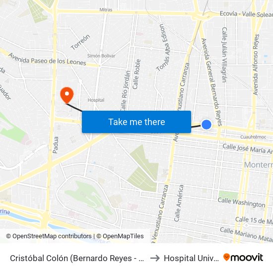 Cristóbal Colón (Bernardo Reyes - Ignacio L. Vallarta) to Hospital Universitario map