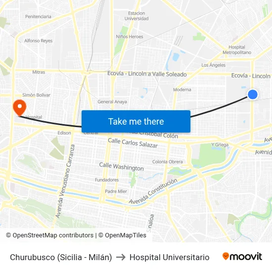 Churubusco (Sicilia - Milán) to Hospital Universitario map