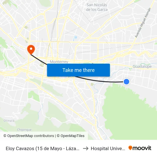 Eloy Cavazos (15 de Mayo - Lázaro Cárdenas) to Hospital Universitario map