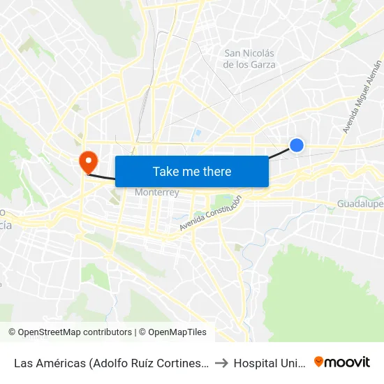 Las Américas (Adolfo Ruíz Cortines - Francisco Sarabia) to Hospital Universitario map