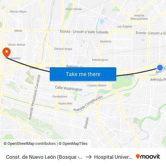 Const. de Nuevo León (Bosque - Arboleda) to Hospital Universitario map