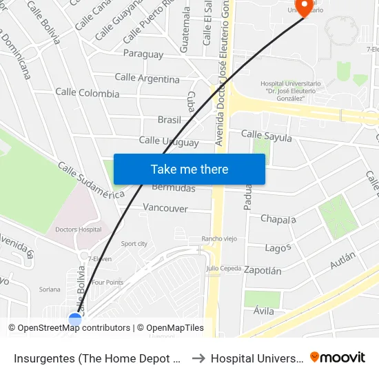 Insurgentes (The Home Depot Galerías) to Hospital Universitario map