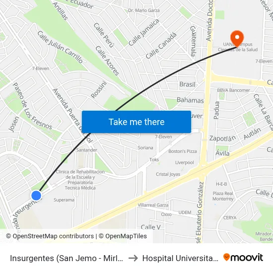 Insurgentes (San Jemo - Mirlos) to Hospital Universitario map