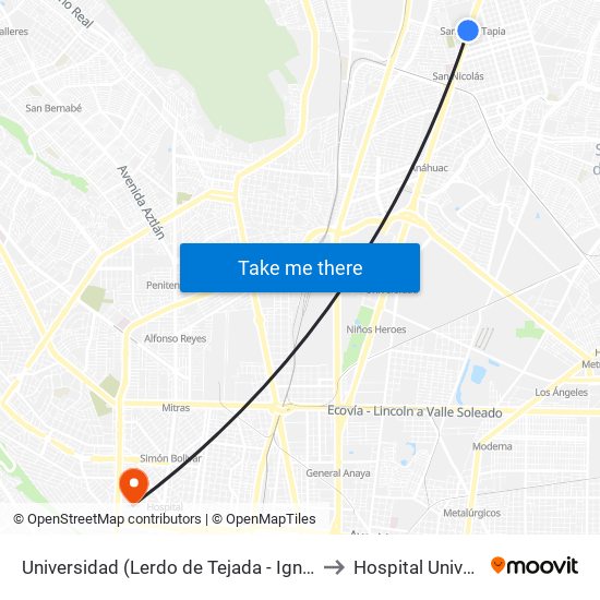 Universidad (Lerdo de Tejada - Ignacio Zaragoza) to Hospital Universitario map