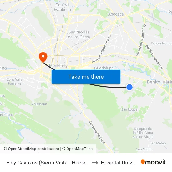 Eloy Cavazos (Sierra Vista - Hacienda San José) to Hospital Universitario map