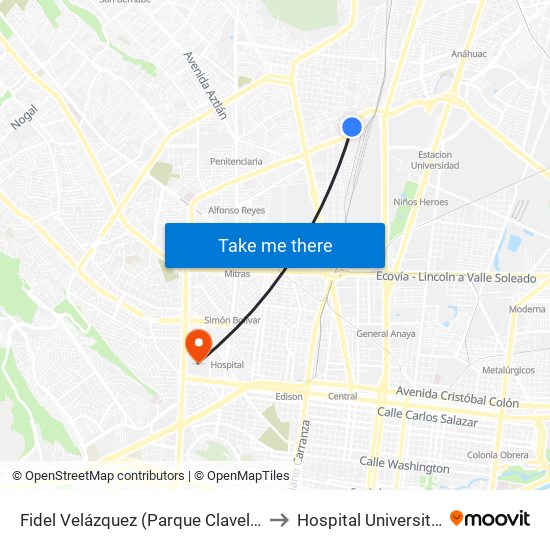 Fidel Velázquez (Parque Clavellinas) to Hospital Universitario map