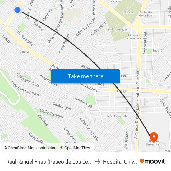 Raúl Rangel Frías (Paseo de Los Leones - Burócratas) to Hospital Universitario map