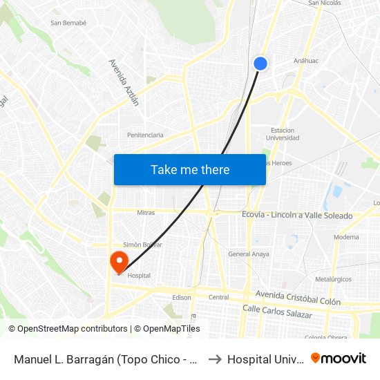 Manuel L. Barragán (Topo Chico - Antonio Machado) to Hospital Universitario map