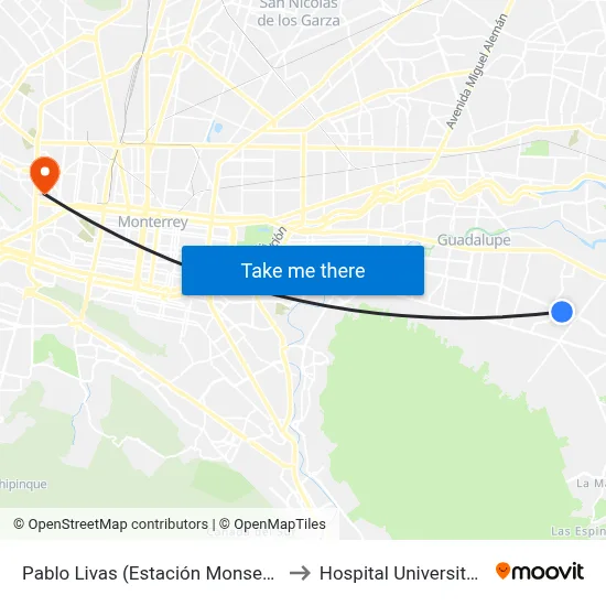 Pablo Livas (Estación Monserrat) to Hospital Universitario map