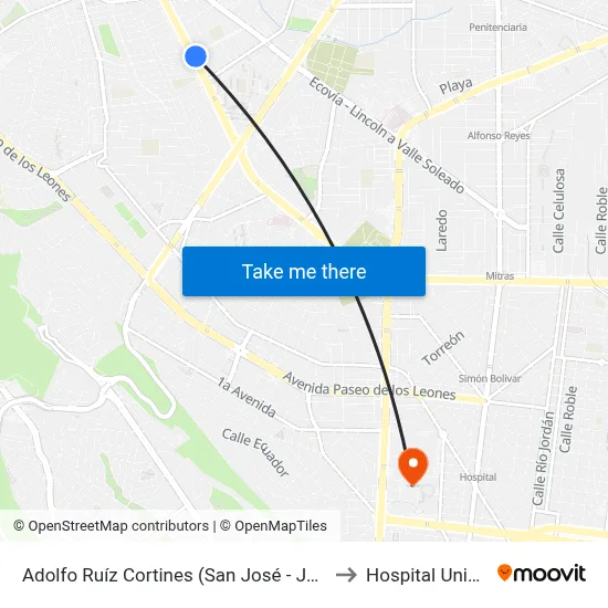 Adolfo Ruíz Cortines (San José - Juan José Hinojosa) to Hospital Universitario map