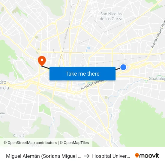 Miguel Alemán (Soriana Miguel Alemán) to Hospital Universitario map