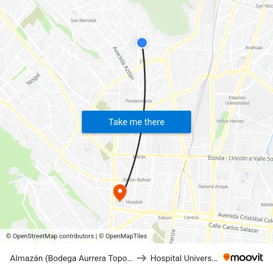 Almazán (Bodega Aurrera Topo Chico) to Hospital Universitario map