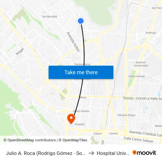 Julio A. Roca (Rodrigo Gómez - Sofía Fucci Allende) to Hospital Universitario map