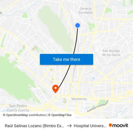 Raúl Salinas Lozano (Bimbo Escobedo) to Hospital Universitario map