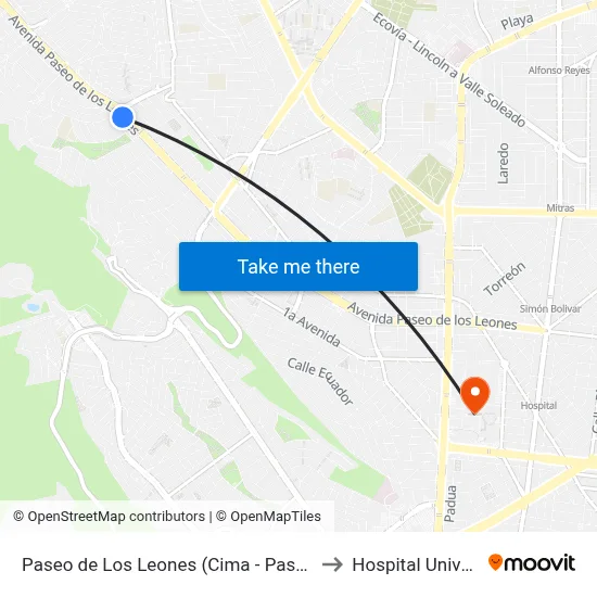 Paseo de Los Leones (Cima - Paseo La Montaña) to Hospital Universitario map