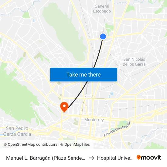 Manuel L. Barragán (Plaza Sendero Escobedo) to Hospital Universitario map