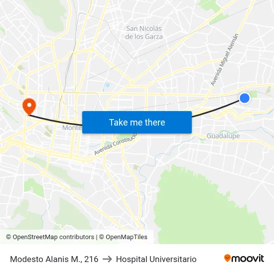 Modesto Alanis M., 216 to Hospital Universitario map