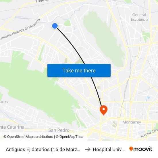 Antiguos Ejidatarios (15 de Marzo - 14 de Mayo) to Hospital Universitario map