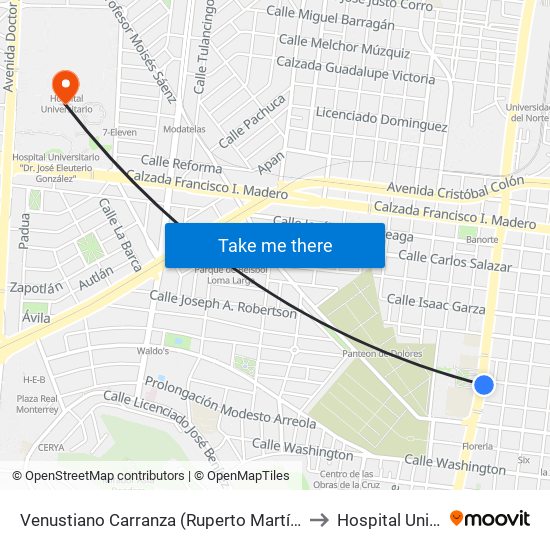 Venustiano Carranza (Ruperto Martínez - Albino Espinosa) to Hospital Universitario map