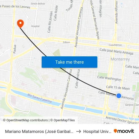 Mariano Matamoros (José Garibaldi - Benito Juárez) to Hospital Universitario map