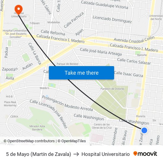 5 de Mayo (Martín de Zavala) to Hospital Universitario map