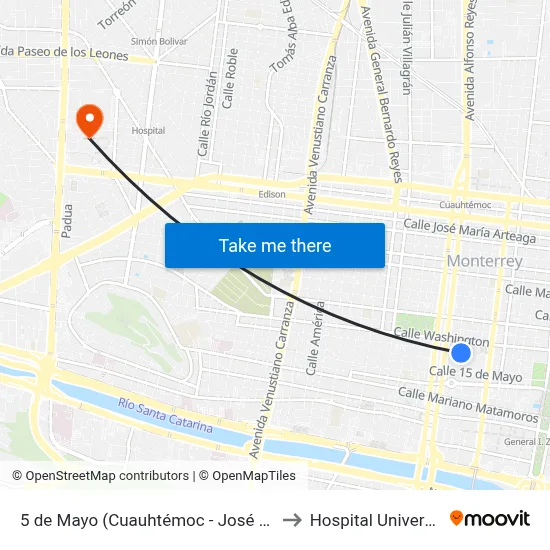 5 de Mayo (Cuauhtémoc - José Garibaldi) to Hospital Universitario map