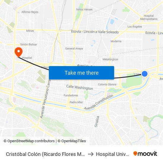 Cristóbal Colón (Ricardo Flores Magón - Modelo) to Hospital Universitario map