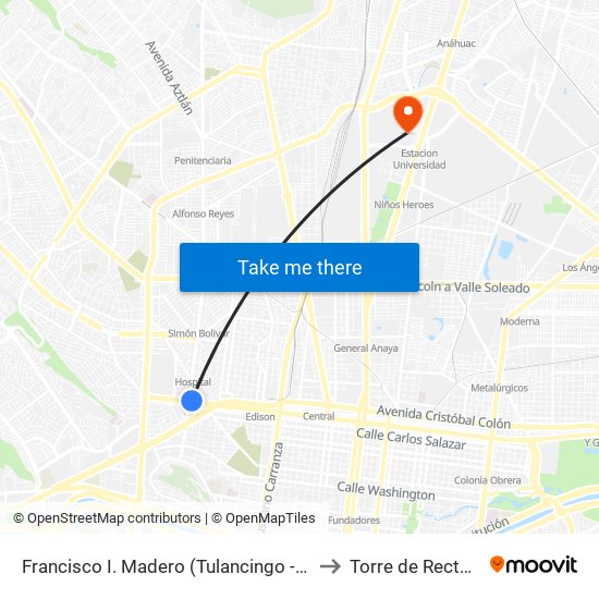 Francisco I. Madero (Tulancingo - Simón Bolívar) to Torre de Rectoría Uanl map
