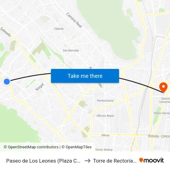 Paseo de Los Leones (Plaza Cumbres) to Torre de Rectoría Uanl map