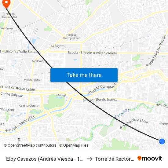 Eloy Cavazos (Andrés Viesca - 13 de Mayo) to Torre de Rectoría Uanl map