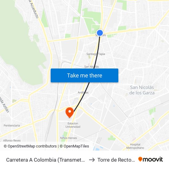 Carretera A Colombia (Transmetro Metroplex) to Torre de Rectoría Uanl map