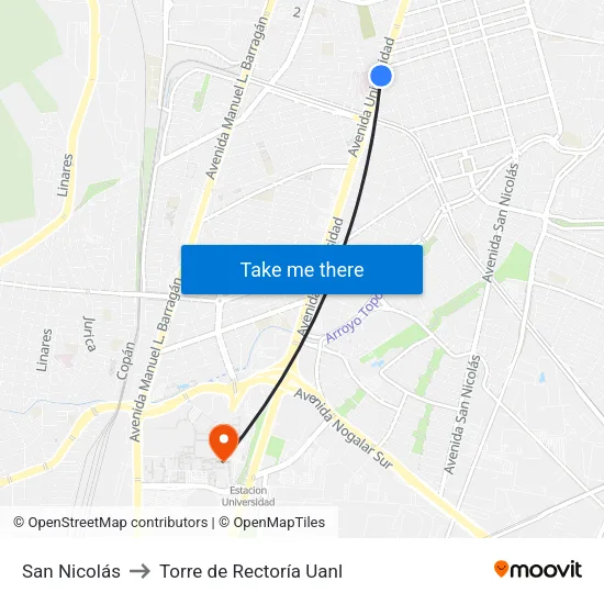 San Nicolás to Torre de Rectoría Uanl map
