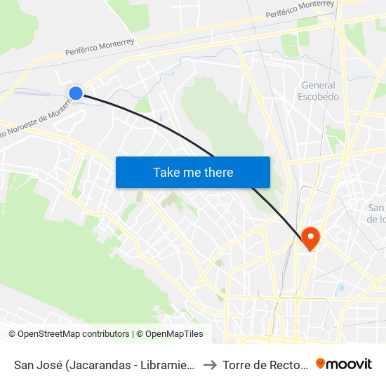 San José (Jacarandas - Libramiento Noroeste) to Torre de Rectoría Uanl map