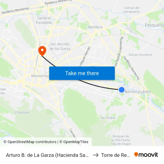 Arturo B. de La Garza (Hacienda San Carlos - Las Margaritas) to Torre de Rectoría Uanl map