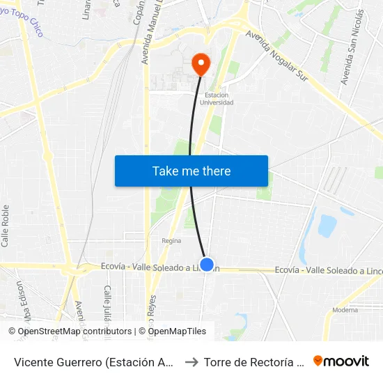 Vicente Guerrero (Estación Asarco) to Torre de Rectoría Uanl map