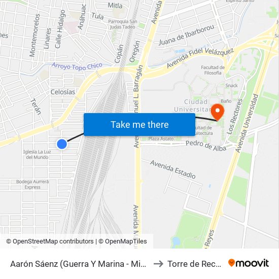 Aarón Sáenz (Guerra Y Marina - Miguel Alemán Valdés) to Torre de Rectoría Uanl map
