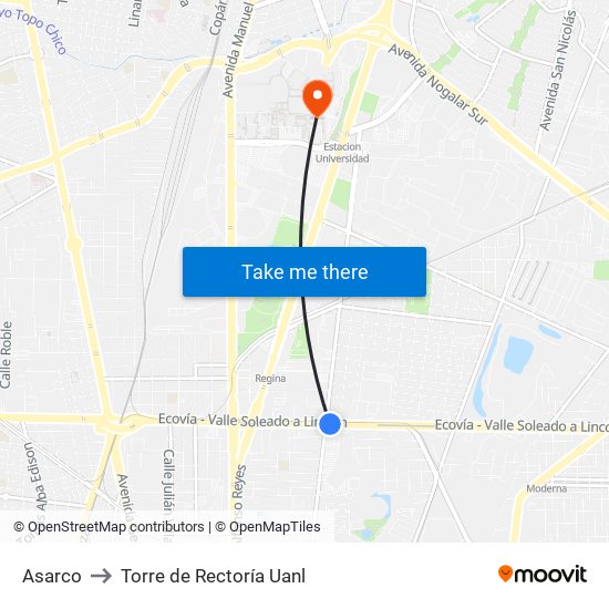 Asarco to Torre de Rectoría Uanl map