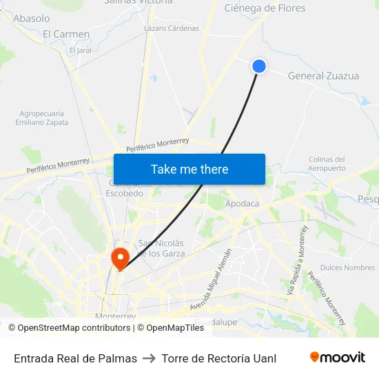 Entrada Real de Palmas to Torre de Rectoría Uanl map