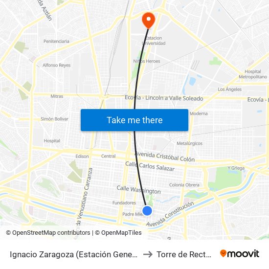 Ignacio Zaragoza (Estación General I. Zaragoza) to Torre de Rectoría Uanl map