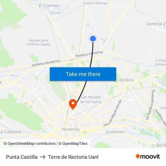 Punta Castilla to Torre de Rectoría Uanl map