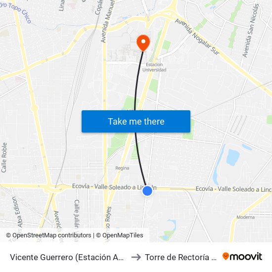 Vicente Guerrero (Estación Asarco) to Torre de Rectoría Uanl map