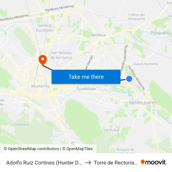 Adolfo Ruiz Cortines (Hunter Douglas) to Torre de Rectoría Uanl map