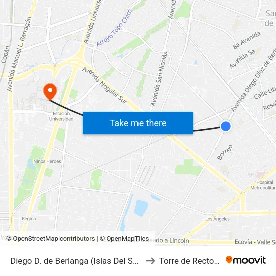 Diego D. de Berlanga (Islas Del Sur - Juventud) to Torre de Rectoría Uanl map