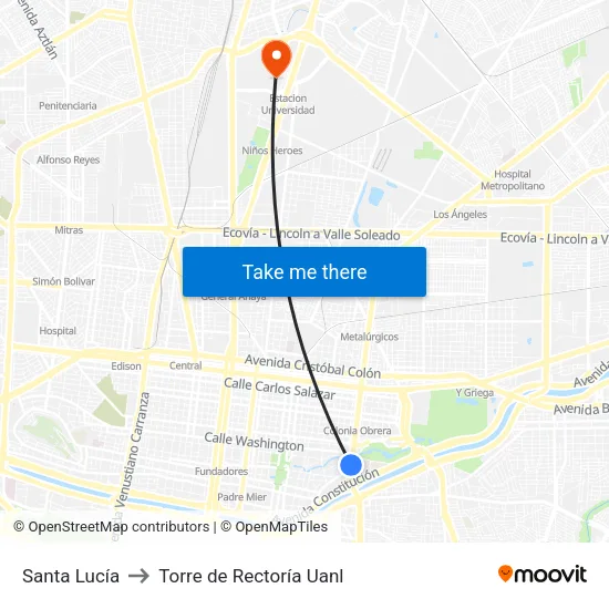 Santa Lucía to Torre de Rectoría Uanl map