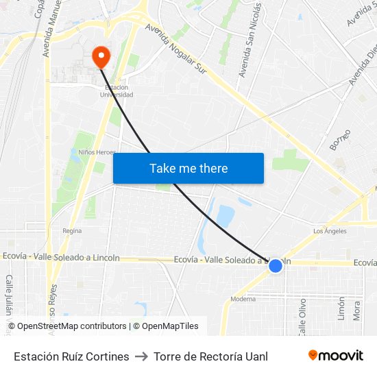 Estación Ruíz Cortines to Torre de Rectoría Uanl map