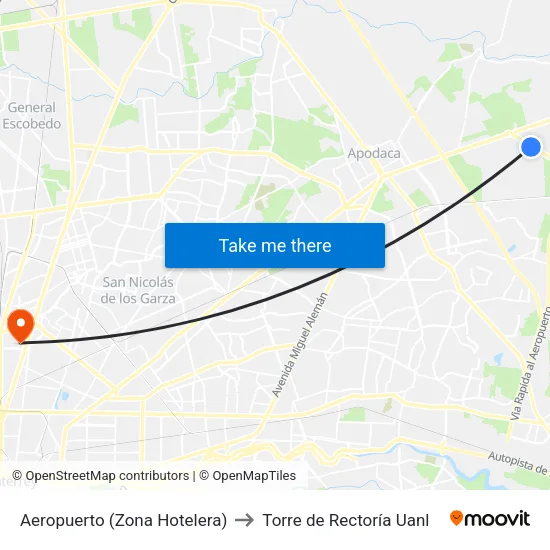 Aeropuerto (Zona Hotelera) to Torre de Rectoría Uanl map
