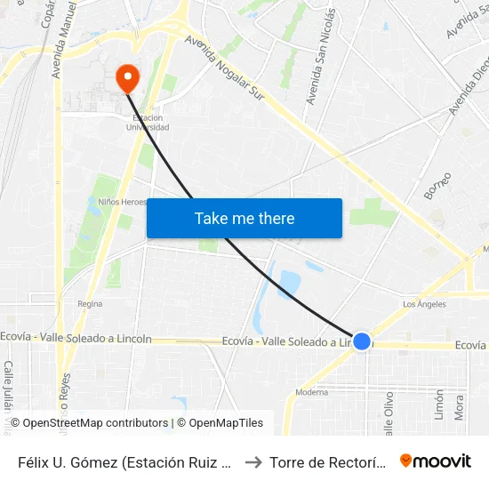 Félix U. Gómez (Estación Ruiz Cortines) to Torre de Rectoría Uanl map