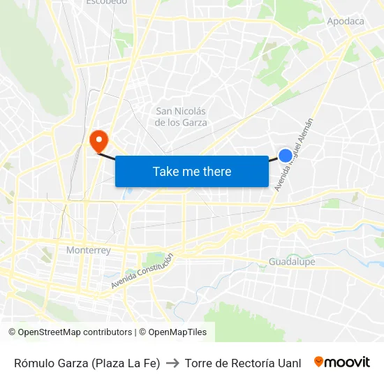 Rómulo Garza (Plaza La Fe) to Torre de Rectoría Uanl map
