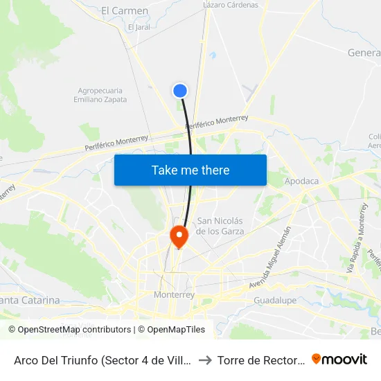 Arco Del Triunfo (Sector 4 de Villas Del Arco) to Torre de Rectoría Uanl map