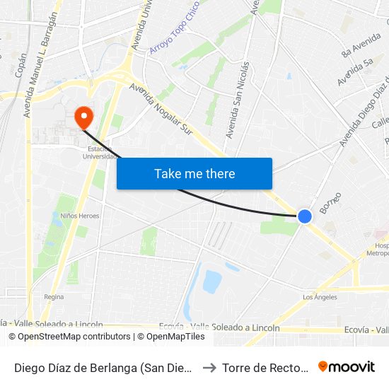 Diego Díaz de Berlanga (San Diego - Nogalar) to Torre de Rectoría Uanl map